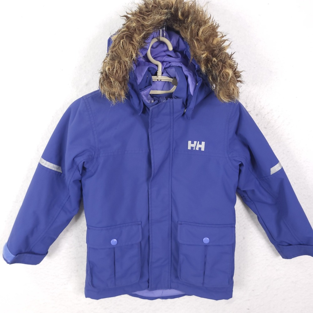 Helly Hansen Parka Jacket Kids 6 Blue Insulated Faux Fur Hood Winter Coat